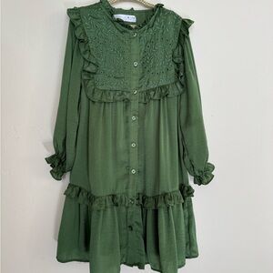 Zara Girls Green Satin Long-Sleeve Dress. Size 7.